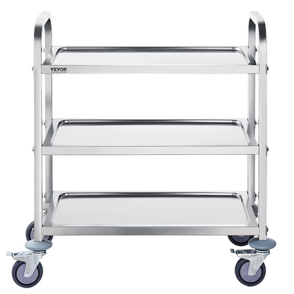 Start2Finish VEVOR stainless steel 3-layer lab utility cart with lockable wheels, ideal for lab, clinic, kitchen, or salon use.