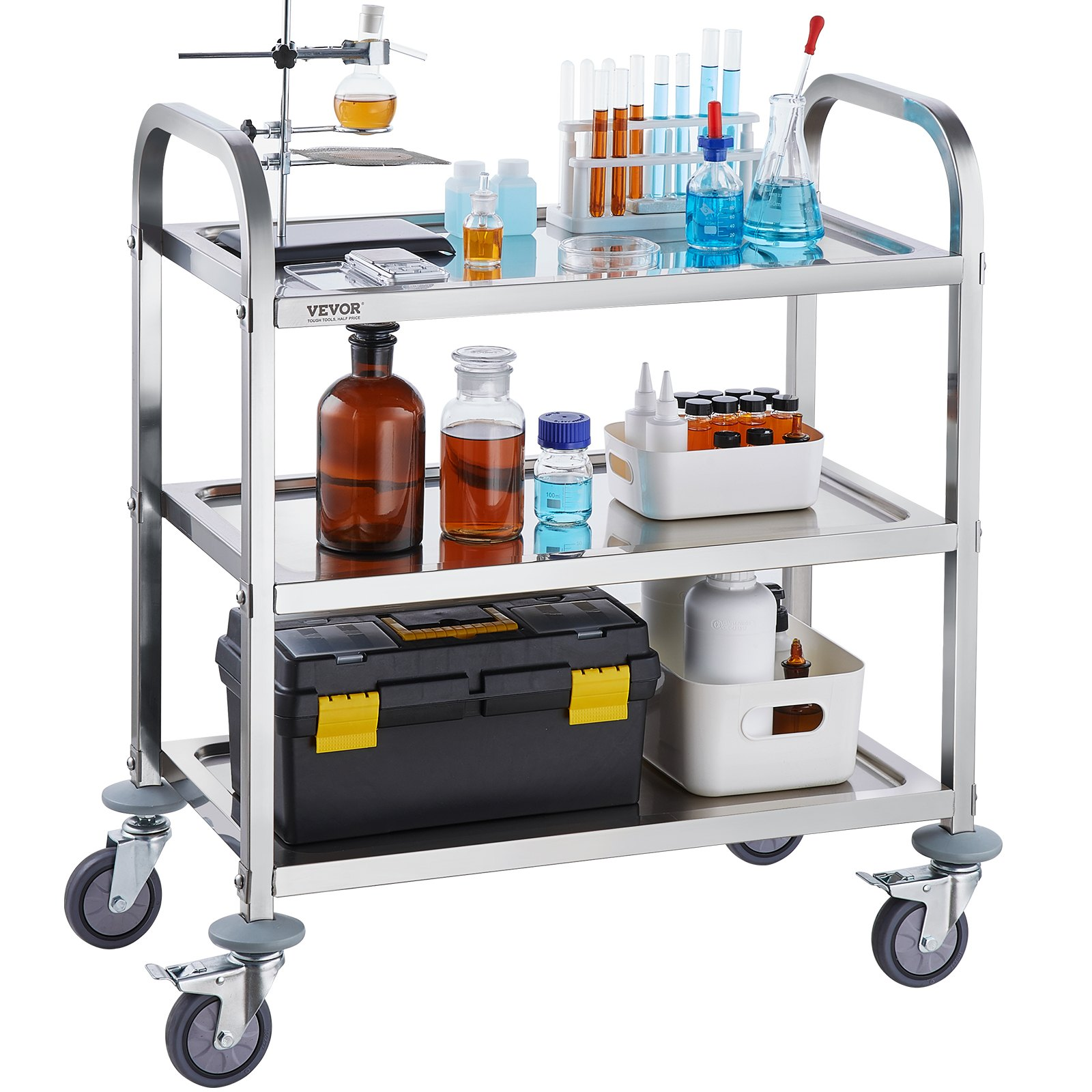 Start2Finish stainless steel 3-layer lab utility cart with lockable wheels, ideal for labs, clinics, kitchens, and salons.