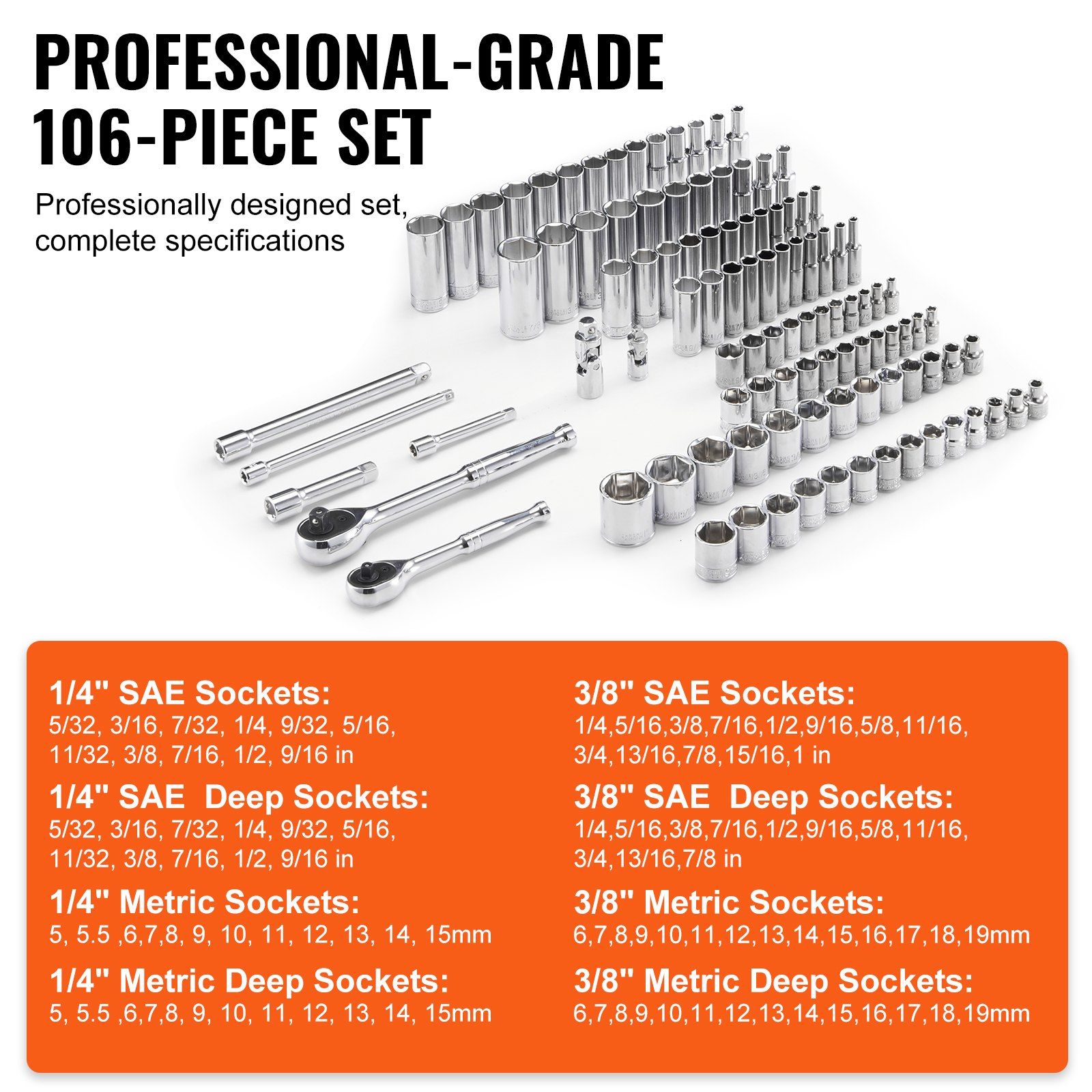 Start2Finish VEVOR socket and ratchet set with SAE and metric deep and standard sockets, 106 pieces in storage case.
