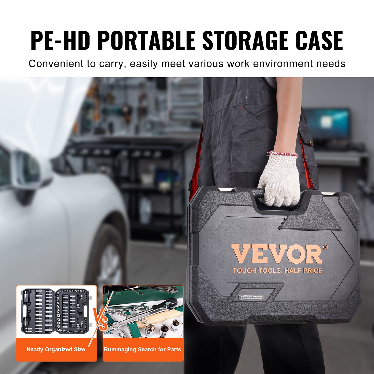 Start2Finish VEVOR socket set with 1/4" and 3/8" drives, 106-piece SAE and metric sockets, ratchet, and accessories in storage case.