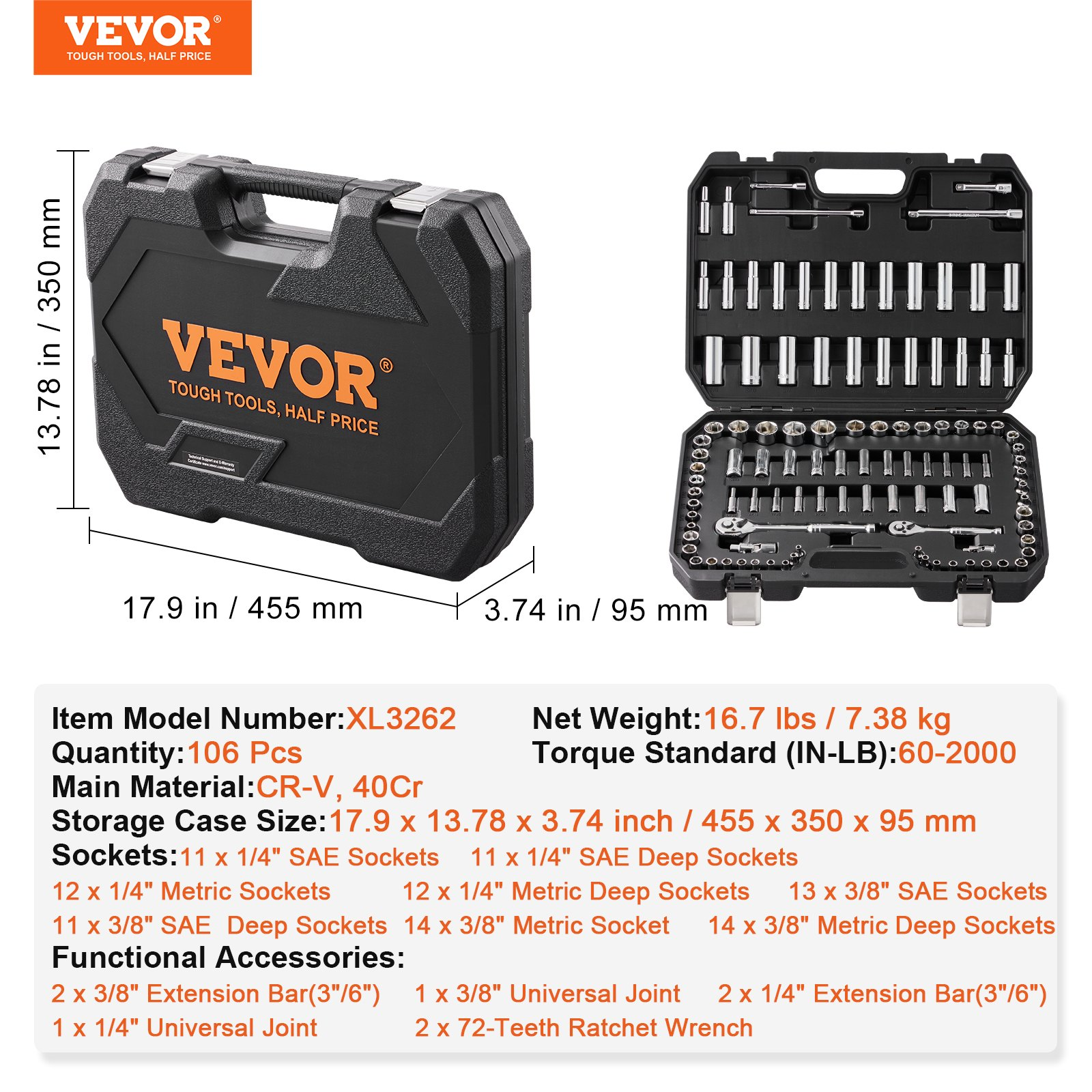 Start2Finish VEVOR socket set with 1/4" and 3/8" drive ratchets, 106 pieces, SAE and metric deep and standard sockets in a storage case.