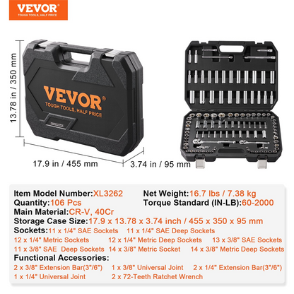 Start2Finish VEVOR socket set with 1/4" and 3/8" drive ratchets, 106 pieces, SAE and metric deep and standard sockets in a storage case.