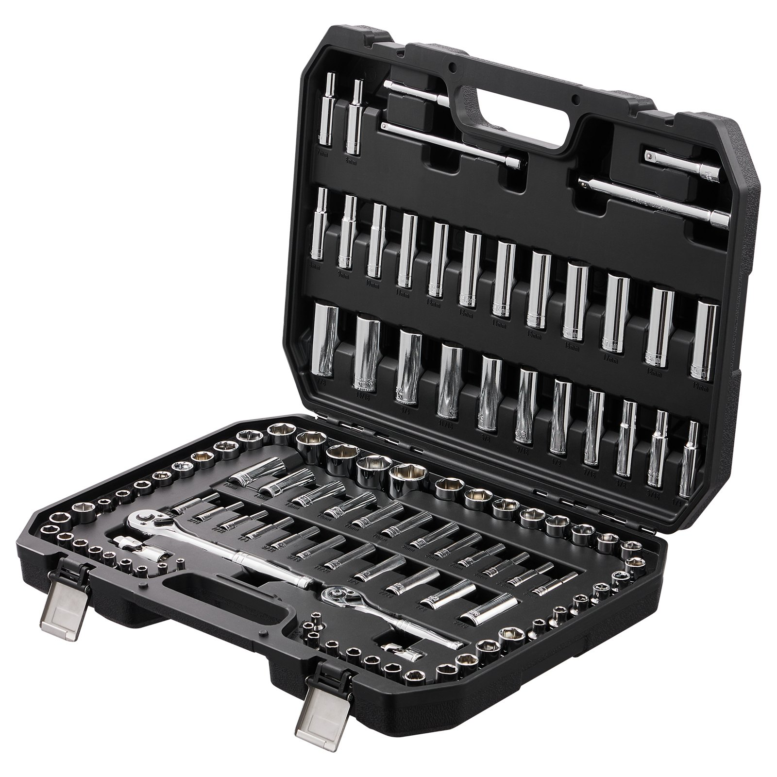 Start2Finish VEVOR 106-piece socket and ratchet set with SAE and metric deep and standard sockets in a storage case.