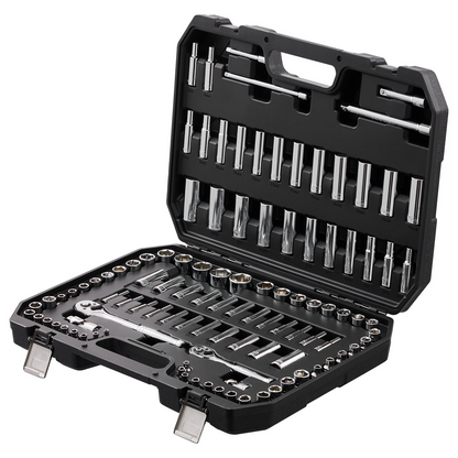 Start2Finish VEVOR 106-piece socket and ratchet set with SAE and metric deep and standard sockets in a storage case.