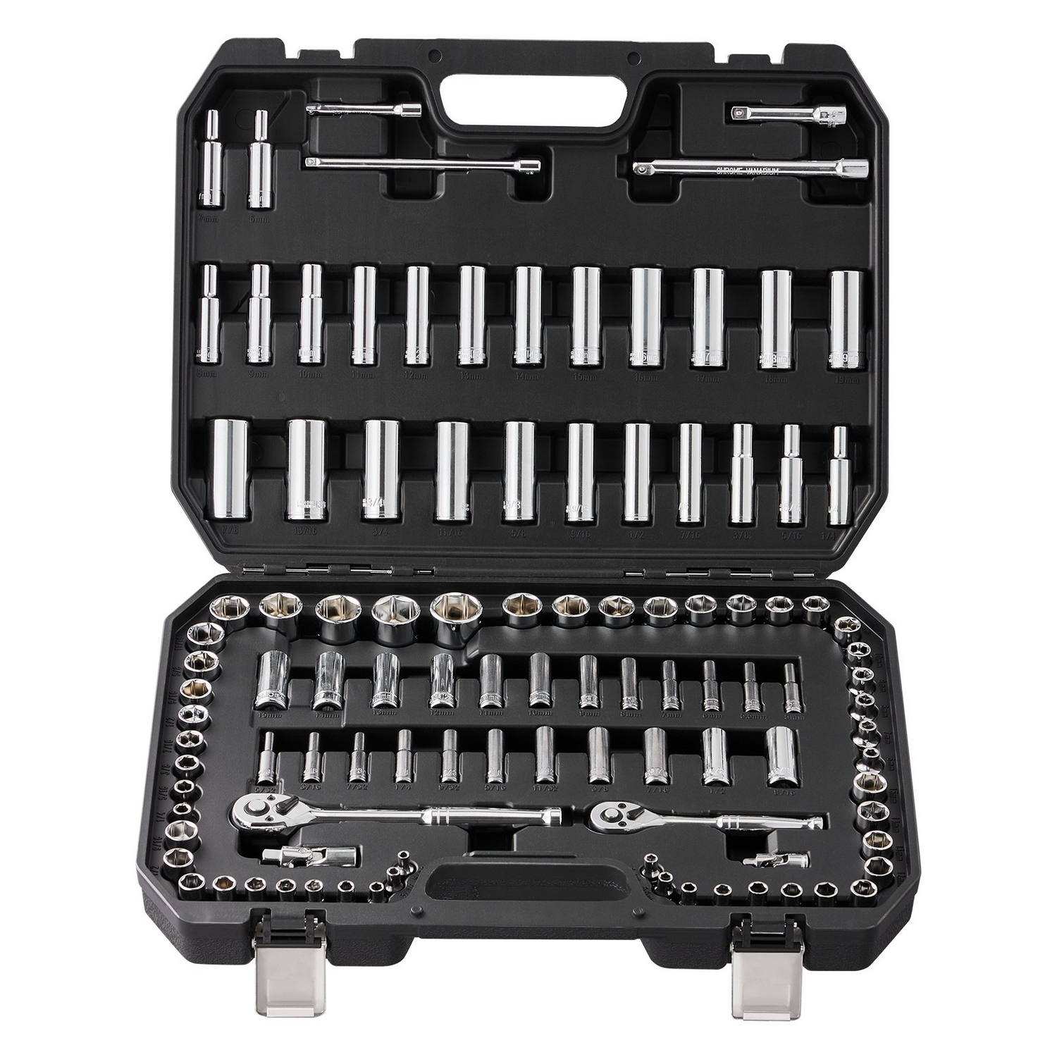 Start2Finish VEVOR socket set with 1/4" and 3/8" drives, 106 SAE and metric sockets, ratchet, accessories, in storage case.
