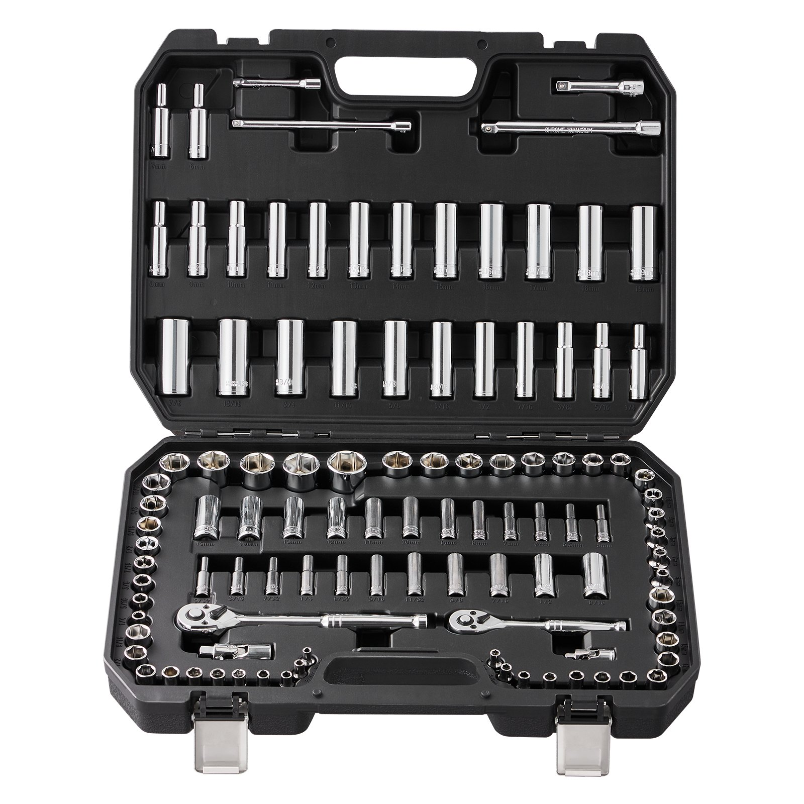 Start2Finish VEVOR socket set with 1/4" and 3/8" drives, 106 SAE and metric sockets, ratchet, accessories, in storage case.