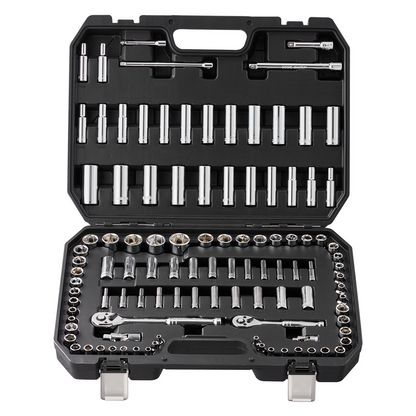 Start2Finish VEVOR socket set with 1/4" and 3/8" drives, 106 SAE and metric sockets, ratchet, accessories, in storage case.