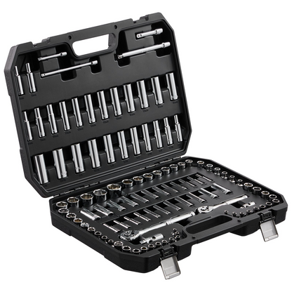 Start2Finish VEVOR socket set with 106 SAE and metric 6-point sockets, ratchets, accessories, and storage case in image.