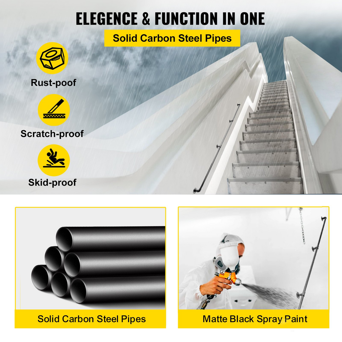 Start2Finish VEVOR 10FT carbon steel pipe staircase handrail with wall mounts, round corner design, suitable for indoor and outdoor use.