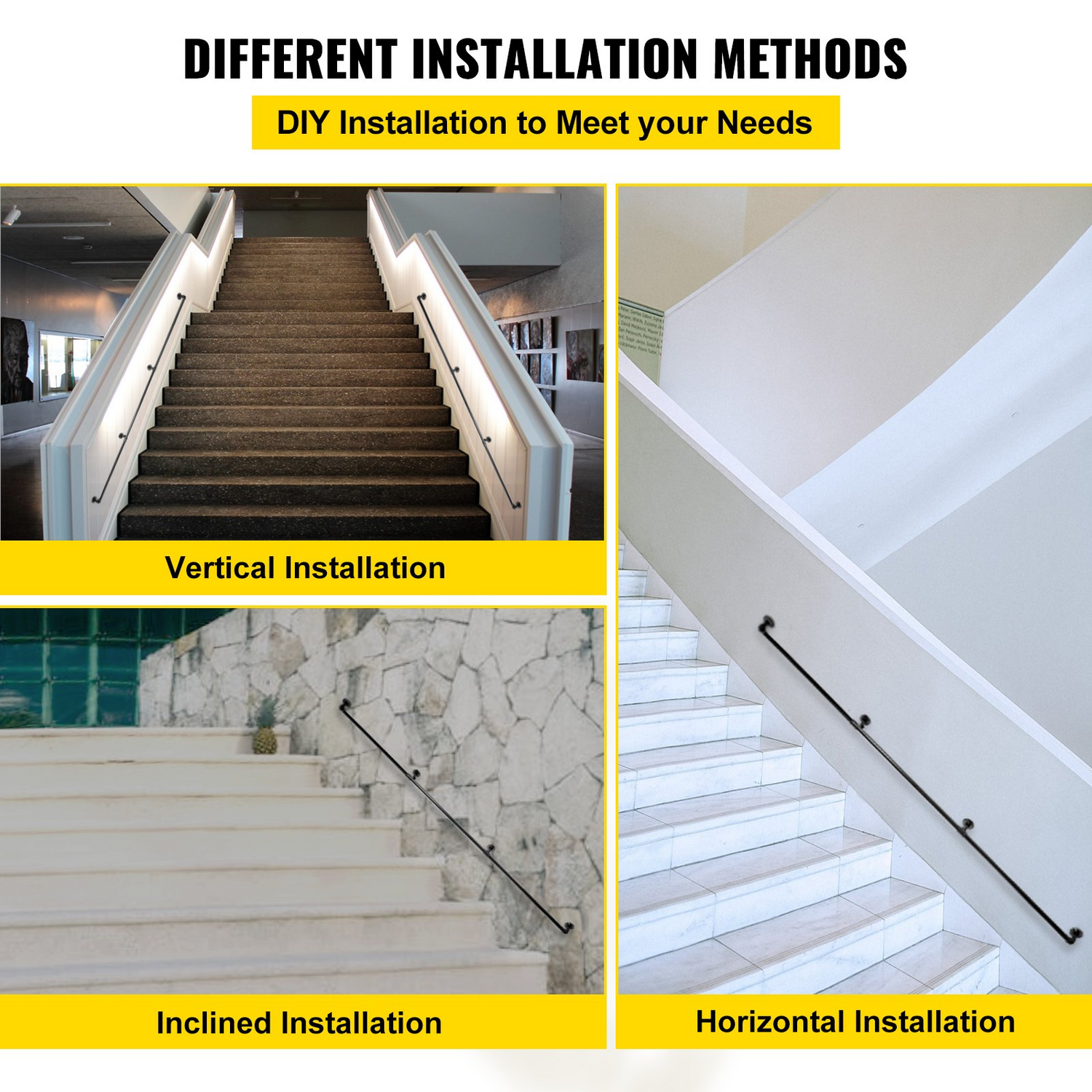 Start2Finish VEVOR 10FT industrial steel pipe staircase handrail with wall mounts, round corners, indoor and outdoor use, 440LBS load capacity.