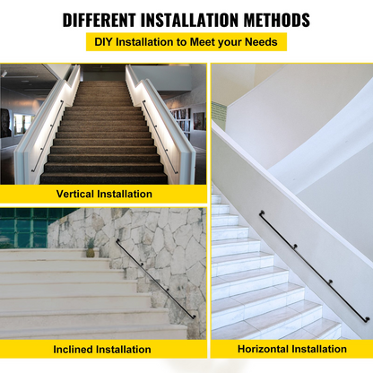 Start2Finish VEVOR 10FT industrial steel pipe staircase handrail with wall mounts, round corners, indoor and outdoor use, 440LBS load capacity.