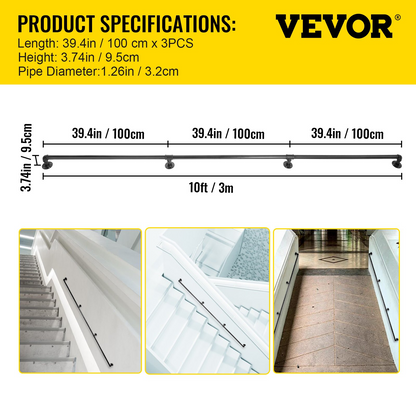 Start2Finish VEVOR 10FT industrial pipe staircase handrail with wall mounts, round corners, durable carbon steel for indoor or outdoor use.