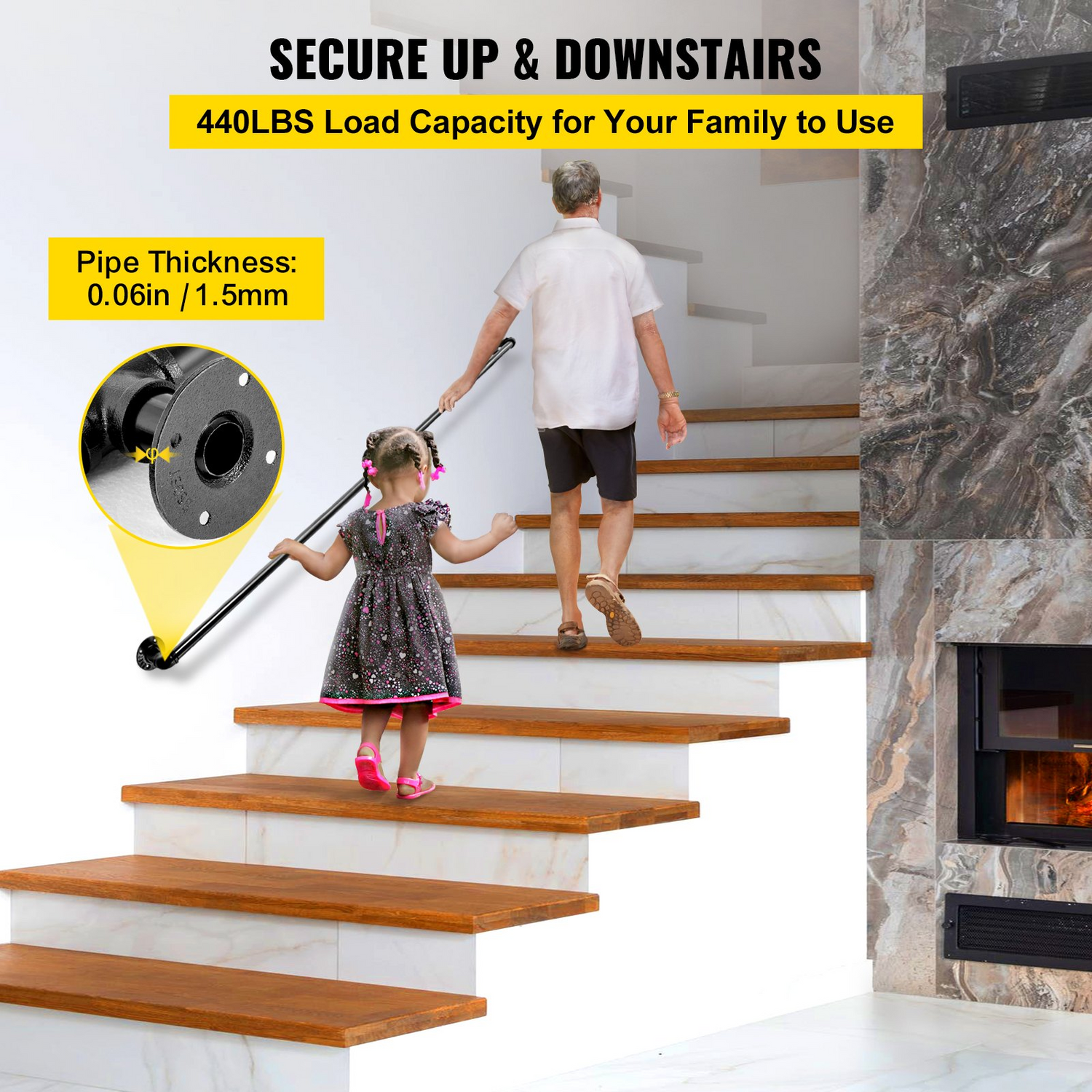 Start2Finish VEVOR 6FT carbon steel pipe staircase handrail with wall mounts, round corners, suitable for indoor and outdoor use