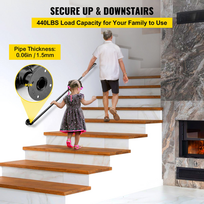 Start2Finish VEVOR 6FT carbon steel pipe staircase handrail with wall mounts, round corners, suitable for indoor and outdoor use