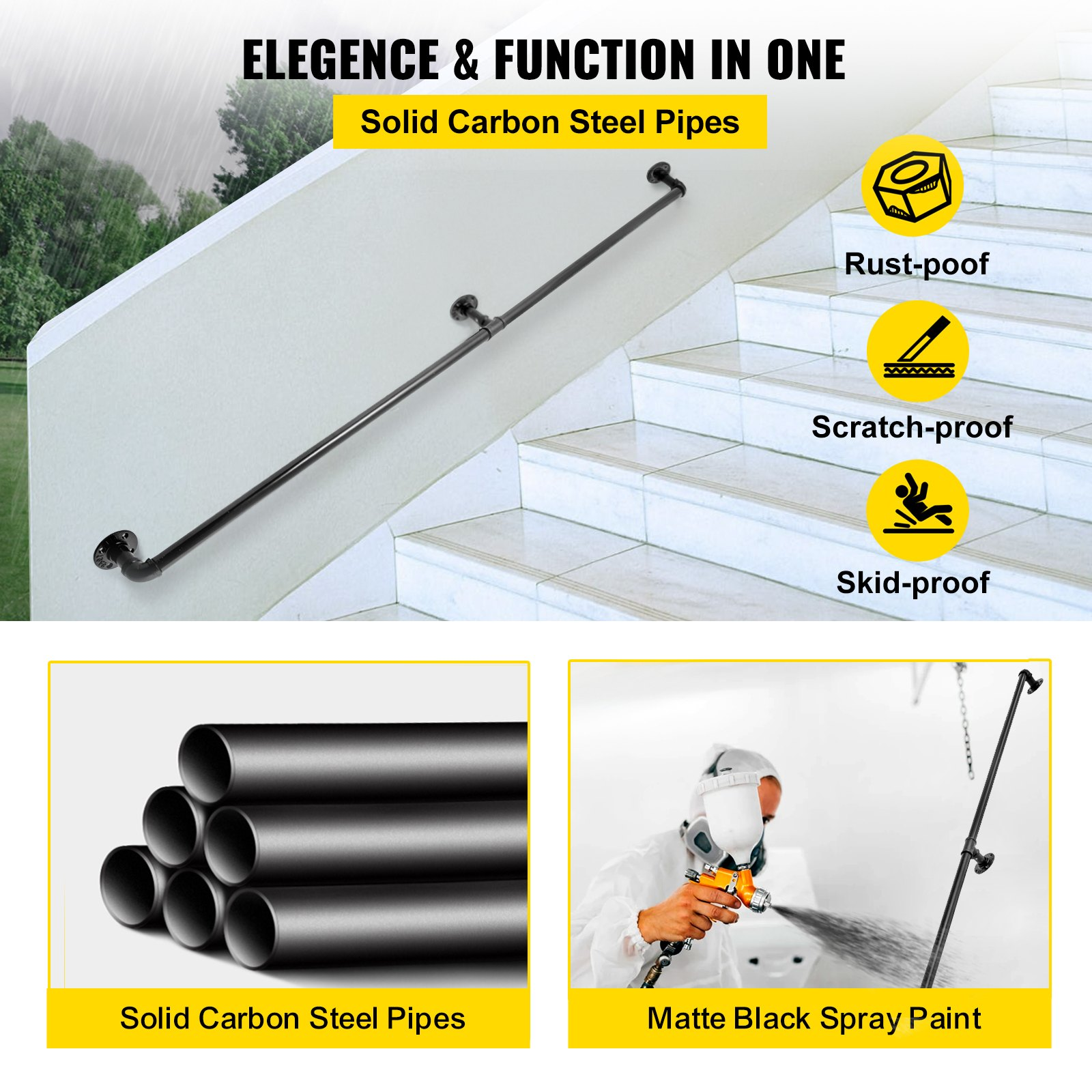 Start2Finish VEVOR 6FT industrial pipe staircase handrail with wall mounts, round corners, and durable carbon steel for indoor or outdoor use.