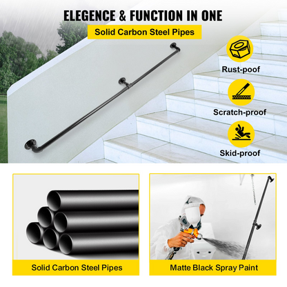 Start2Finish VEVOR 6FT industrial pipe staircase handrail with wall mounts, round corners, and durable carbon steel for indoor or outdoor use.