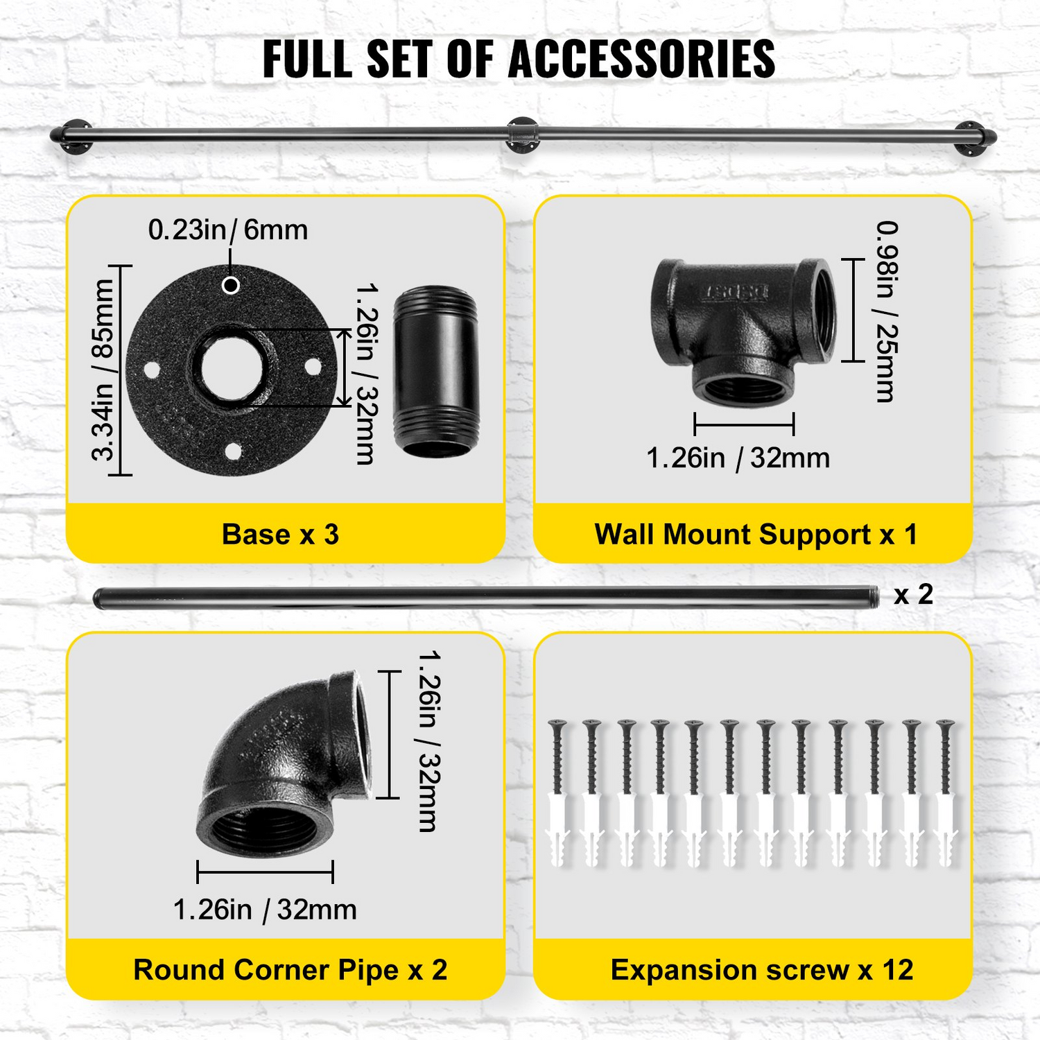 Start2Finish VEVOR 6FT industrial pipe stair handrail in carbon steel with wall mounts, suitable for indoor and outdoor stairs.