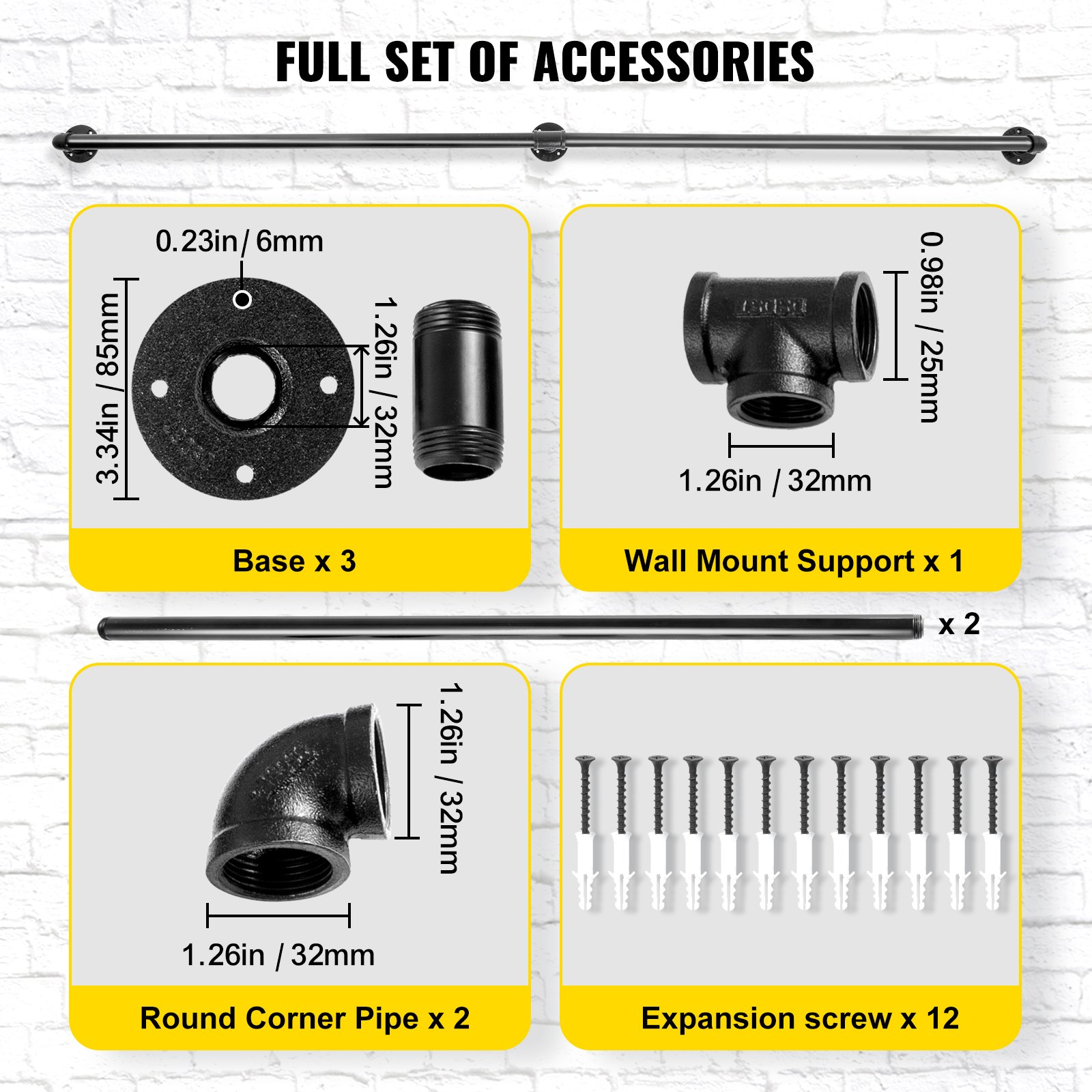 Start2Finish VEVOR 6FT industrial pipe stair handrail in carbon steel with wall mounts, suitable for indoor and outdoor stairs.