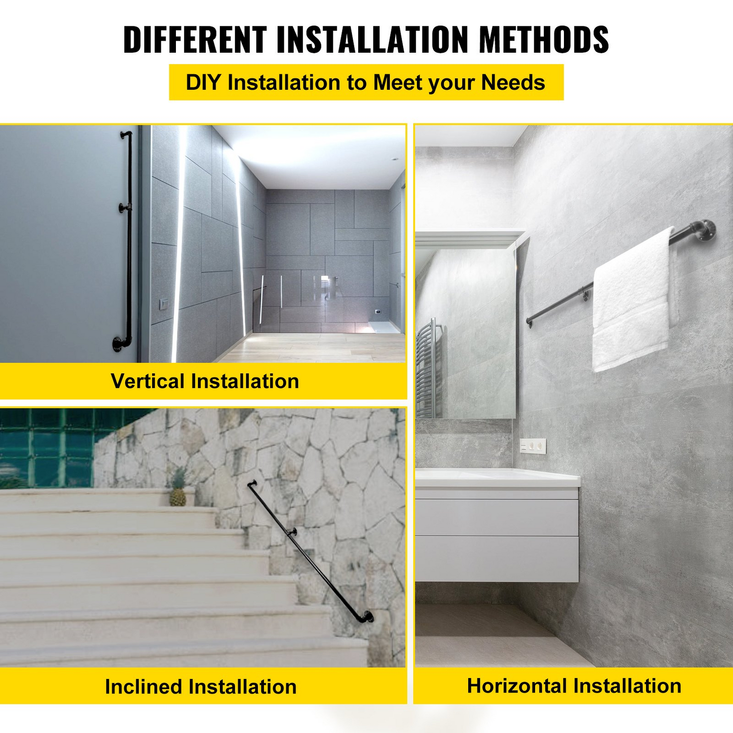 Start2Finish VEVOR 6FT industrial pipe staircase handrail in carbon steel with wall mount support, suitable for indoor and outdoor use.