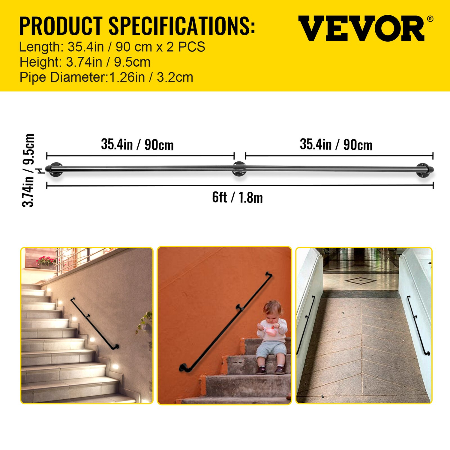 Start2Finish VEVOR 6FT steel pipe staircase handrail with wall mounts, round corners, suitable for indoor and outdoor use