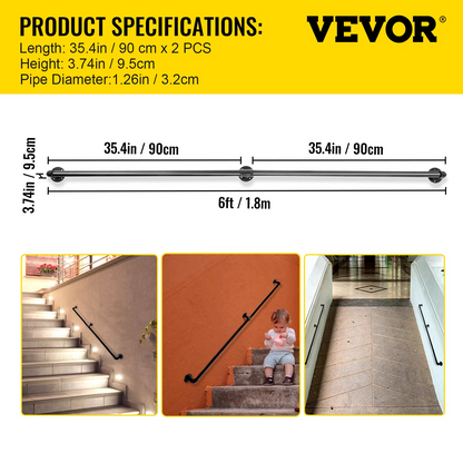 Start2Finish VEVOR 6FT steel pipe staircase handrail with wall mounts, round corners, suitable for indoor and outdoor use