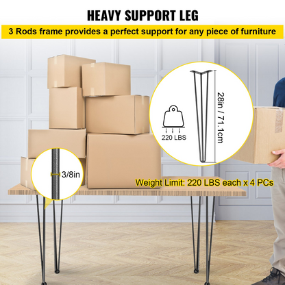 Set of four black VEVOR hairpin table legs with three rods, 28-inch height, suitable for desks, benches, and tables, heavy-duty steel.