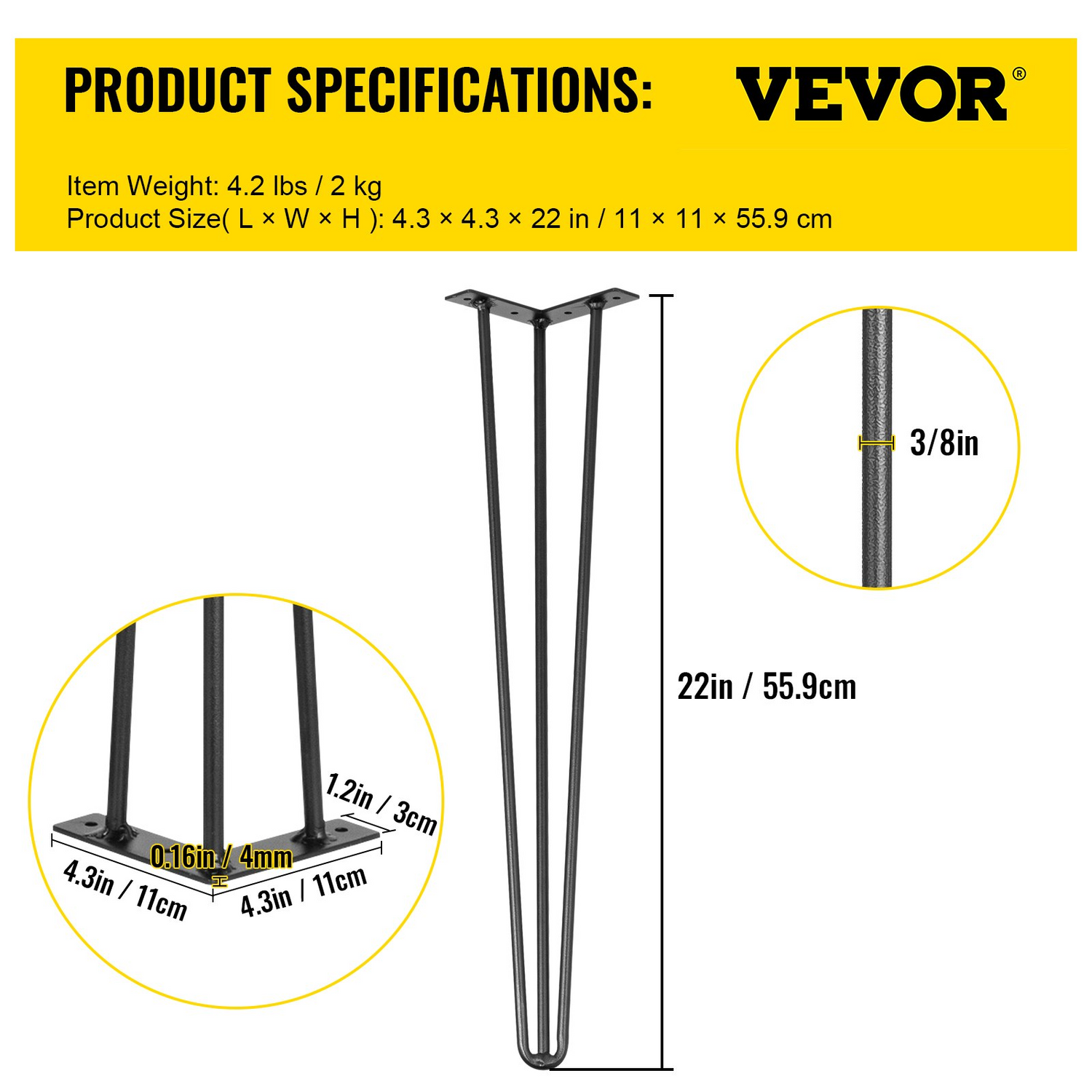 Set of four VEVOR black hairpin table legs, 22-inch heavy-duty steel desk legs for DIY furniture and tables.