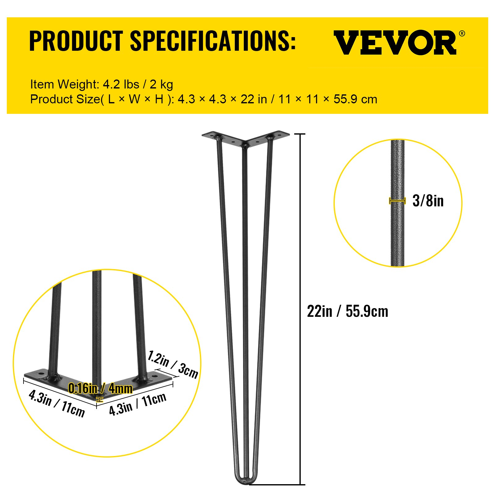 Set of four VEVOR black hairpin table legs, 22-inch heavy-duty steel desk legs for DIY furniture and tables.