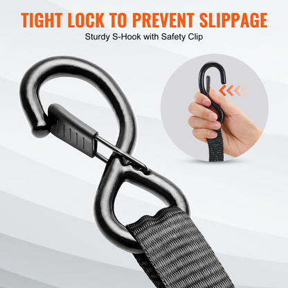 Four VEVOR ratchet tie down straps with padded handles, 1-inch by 15-foot, for securing cargo and moving equipment.