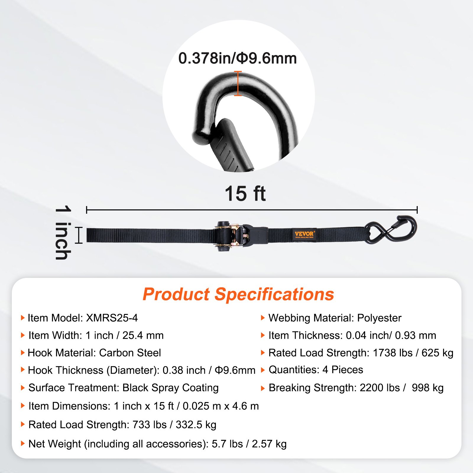 Start2Finish VEVOR ratchet tie down straps, 4-pack, 1" x 15&