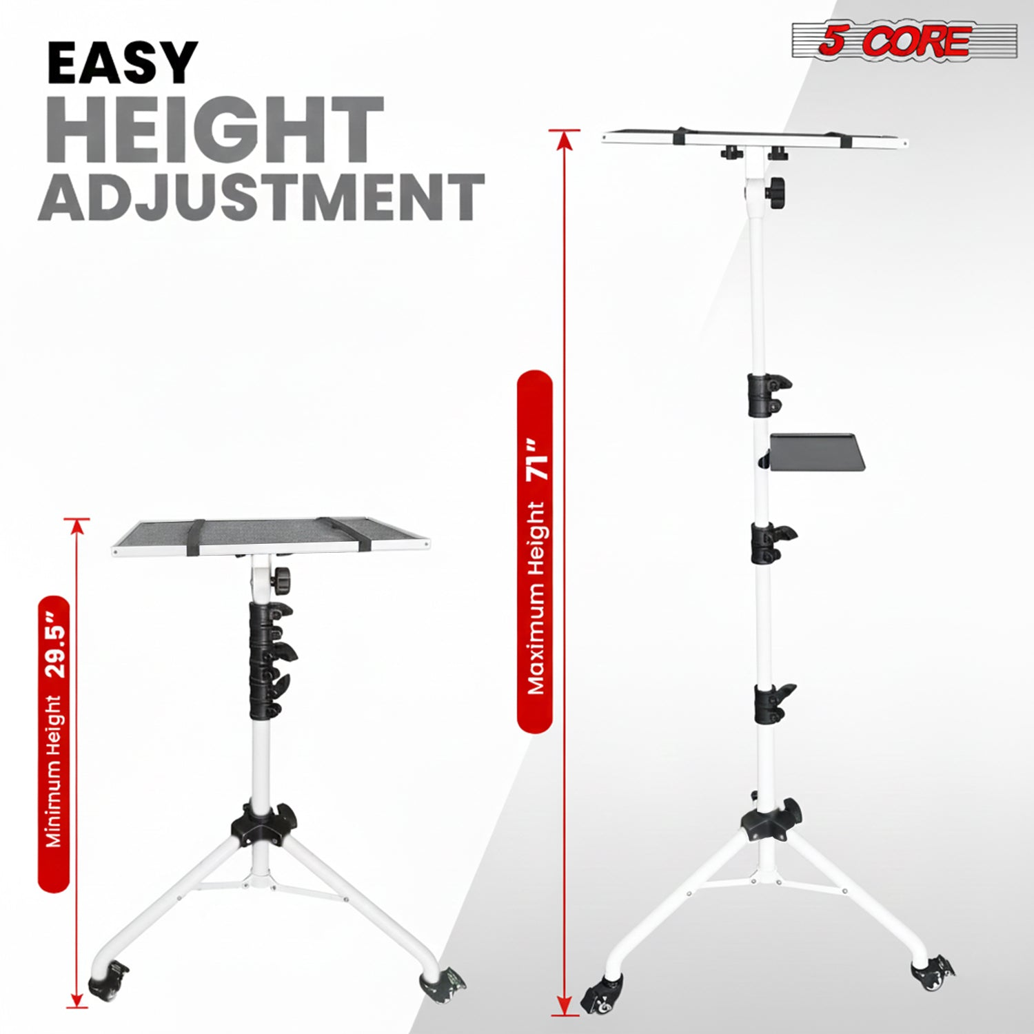 Start2Finish adjustable projector stand with two shelves, phone holder, and portable tripod for laptops, height 29.5 to 71 inches