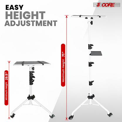 Start2Finish adjustable projector stand with two shelves, phone holder, and portable tripod for laptops, height 29.5 to 71 inches