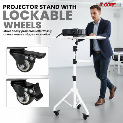 Start2Finish projector stand with adjustable height, two shelves, and phone holder, suitable for portable laptop and electronics setup.