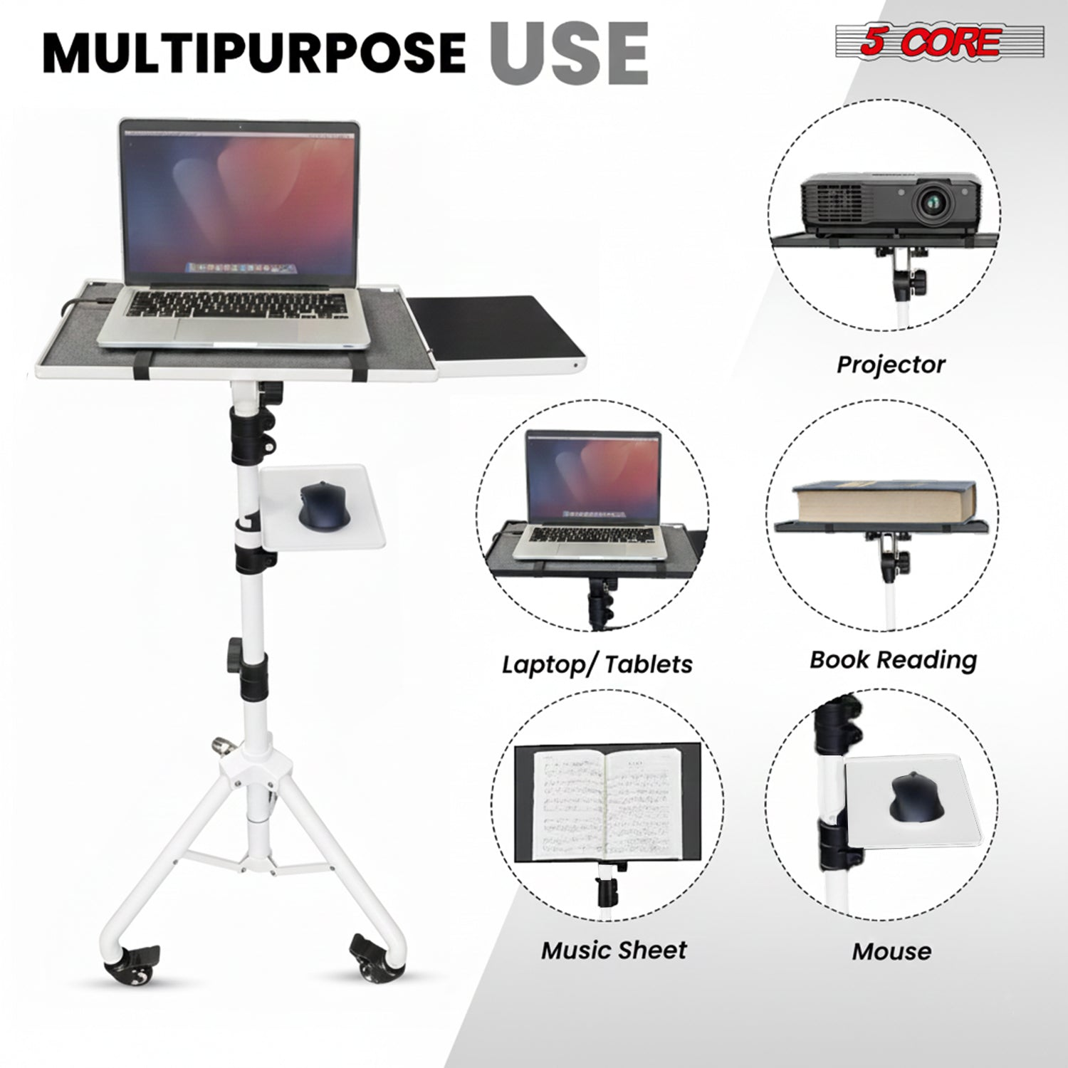 Start2Finish adjustable projector stand with two shelves, phone holder, portable tripod for laptops, height 29.5 to 71 inches