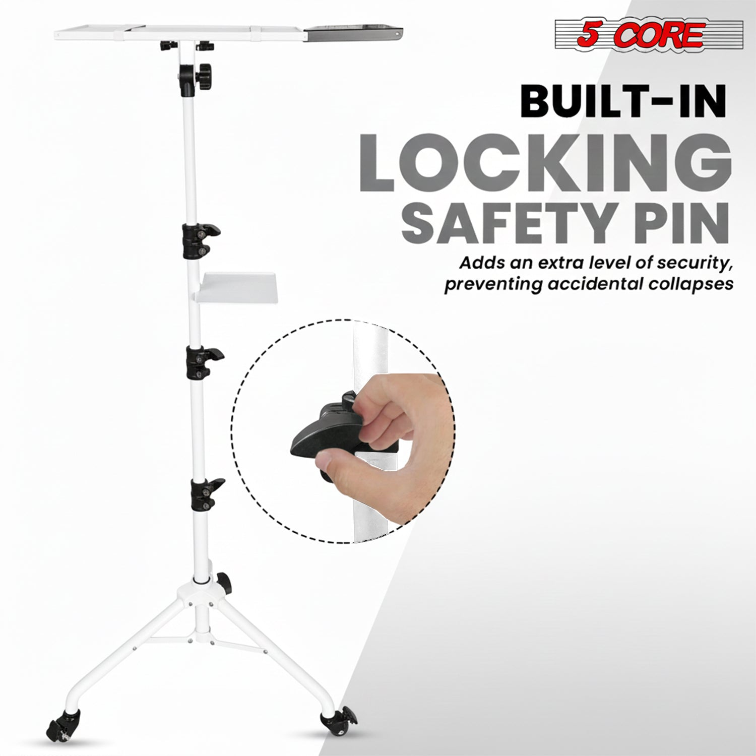 Start2Finish projector stand with adjustable height, two shelves, phone holder, portable tripod for laptops and electronics.