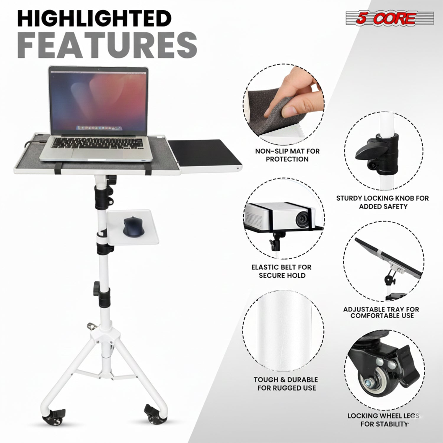Adjustable Start2Finish projector stand with two shelves, phone holder, and portable tripod for electronics setup, height 29.5 to 71 inches.