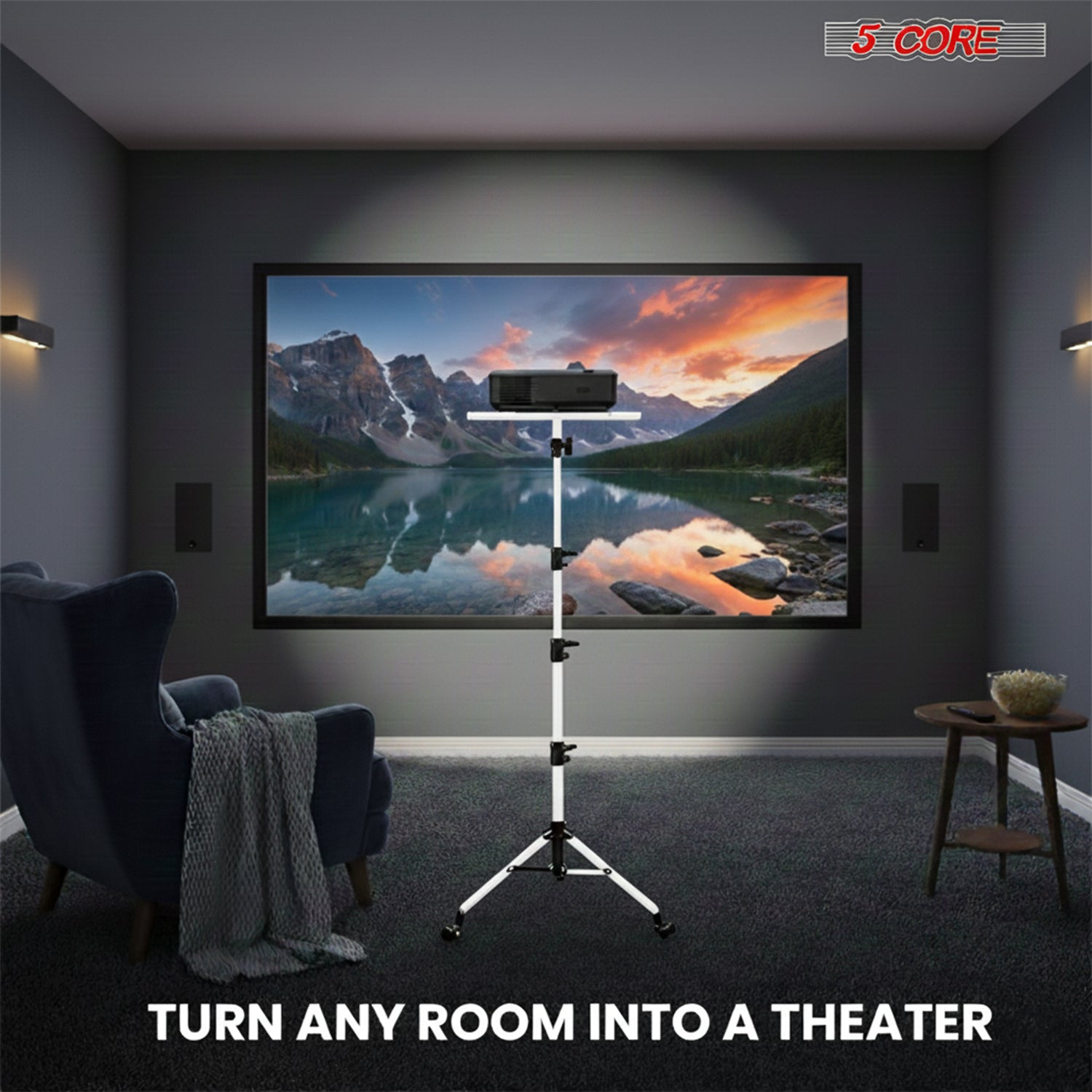 Adjustable projector stand with two shelves, portable tripod for laptops, phones, and electronics, from Start2Finish.