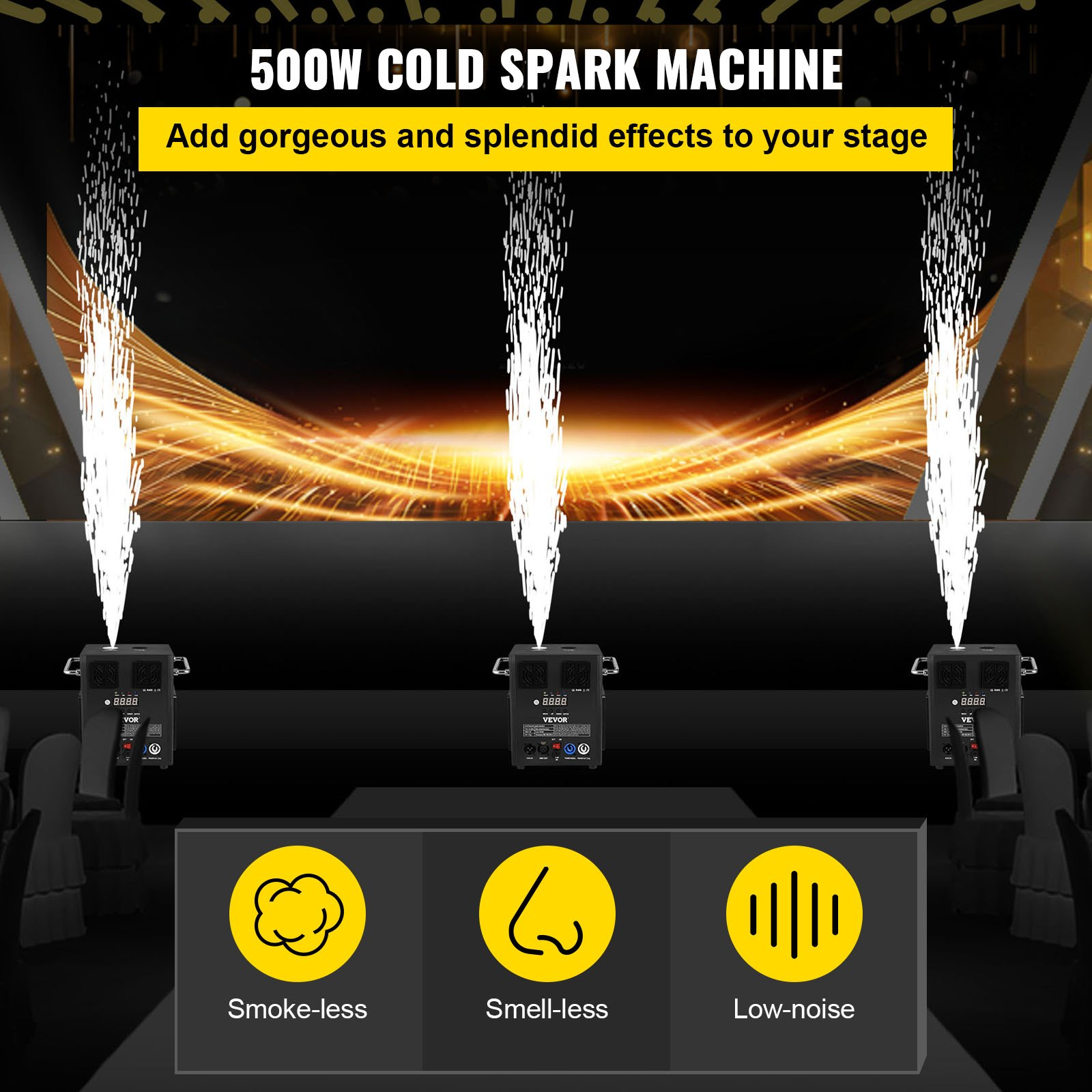 Start2Finish VEVOR 500W stage effect machine with wireless remote and DMX control, used in weddings and musical shows.