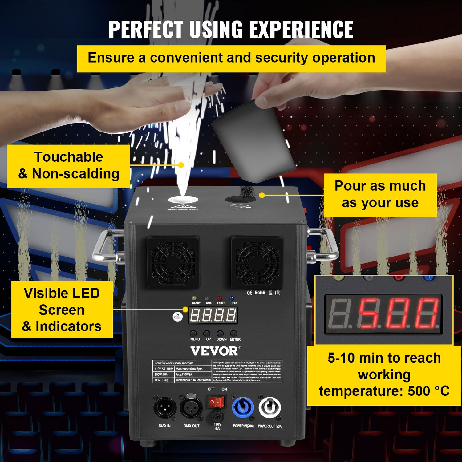 Start2Finish VEVOR stage effect machine with wireless remote, 500W for weddings and shows, featuring DMX control and multiple effect units.