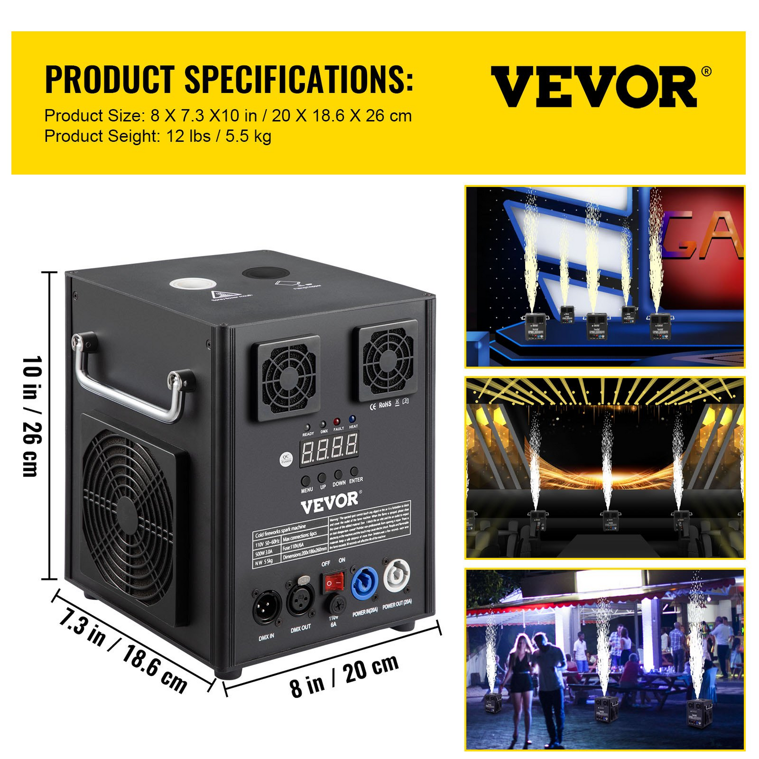 Start2Finish VEVOR stage effect machine with wireless remote control and DMX for wedding and musical show lighting effects.