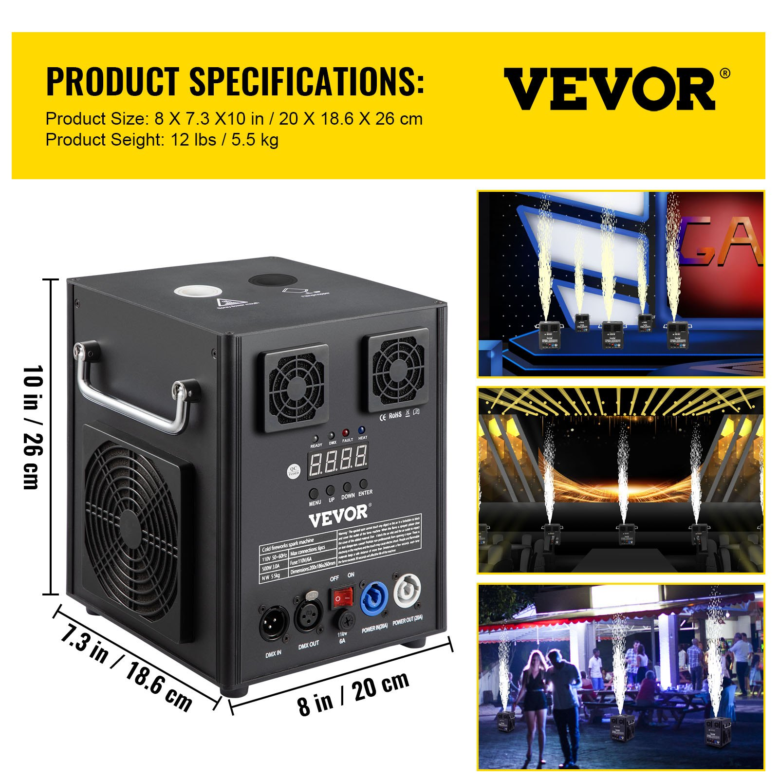 Start2Finish VEVOR stage effect machine with wireless remote control and DMX for wedding and musical show lighting effects.