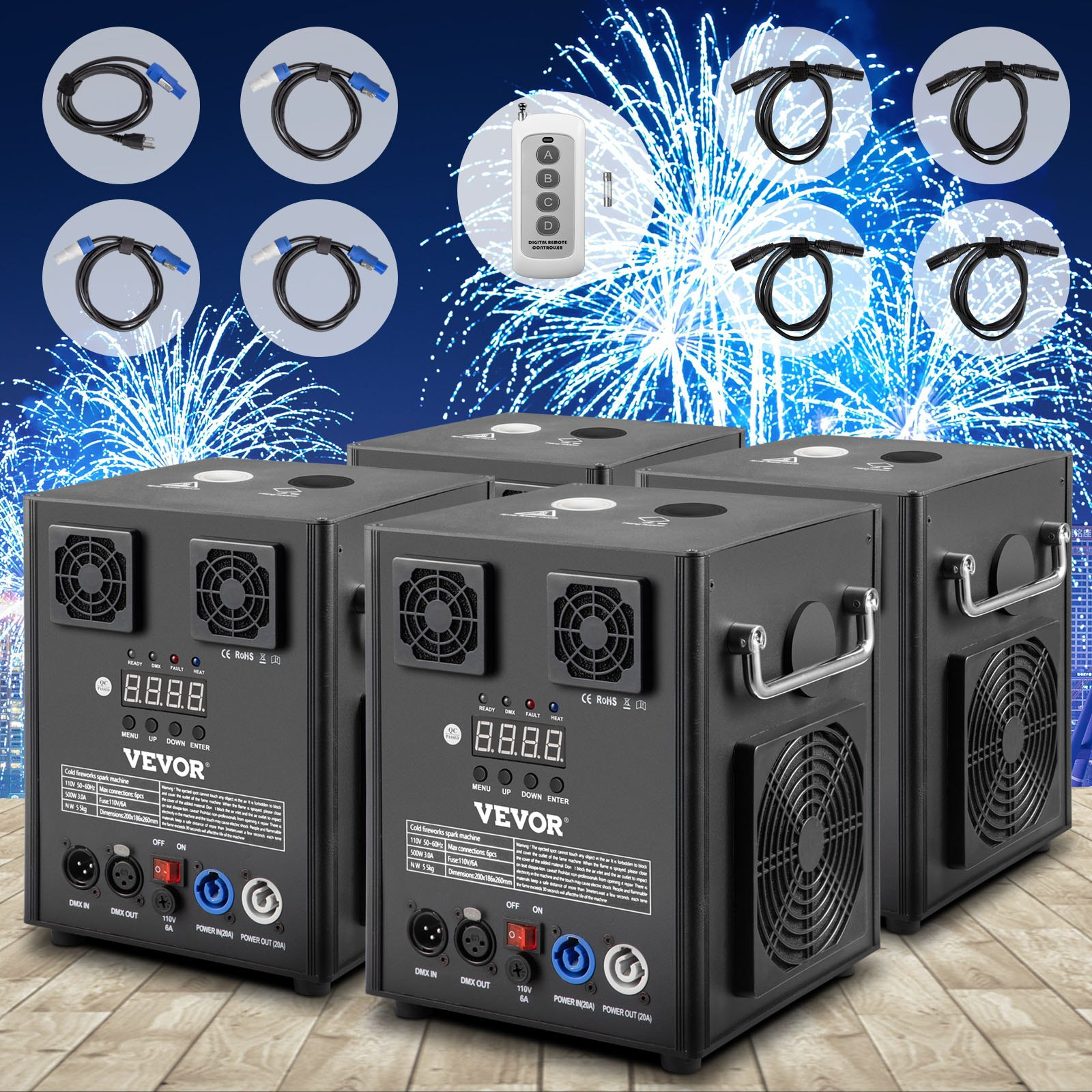Start2Finish 500W stage effect machine with wireless remote and DMX control, used for weddings and musical shows.