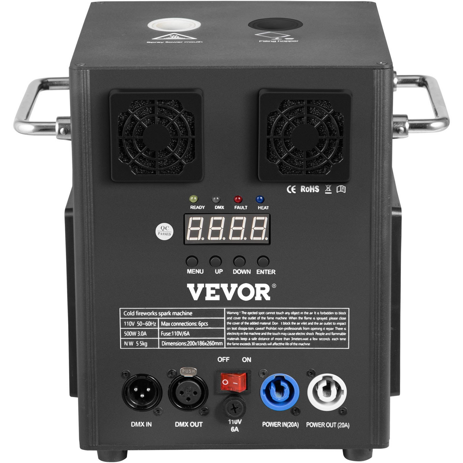 Start2Finish VEVOR 500W stage effect machine with wireless remote and DMX control, used for wedding and musical show entertainment.