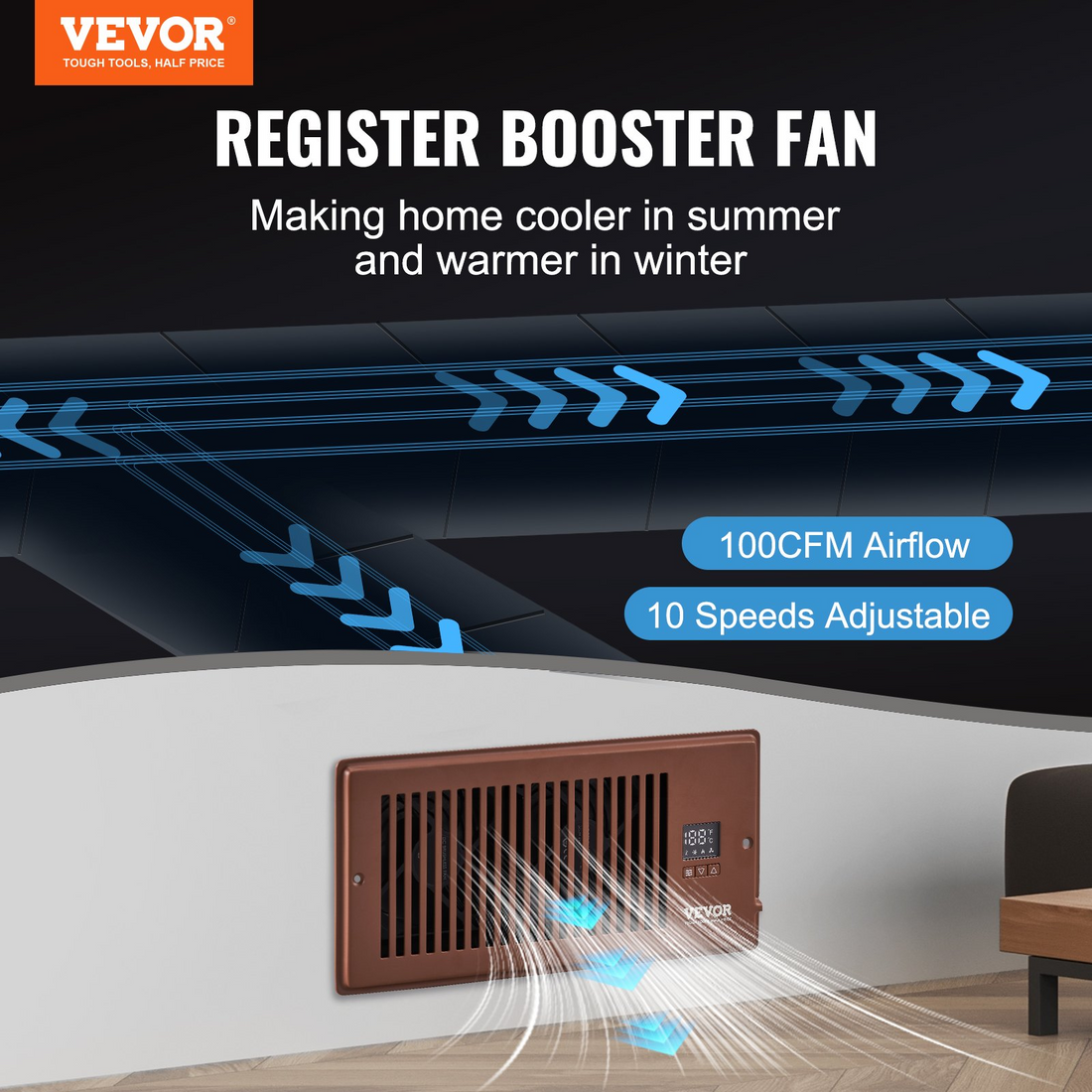 Start2Finish VEVOR register booster fan with remote, thermostat, adjustable speed, fits 4x10 inch vents, brown quiet heating and cooling vent