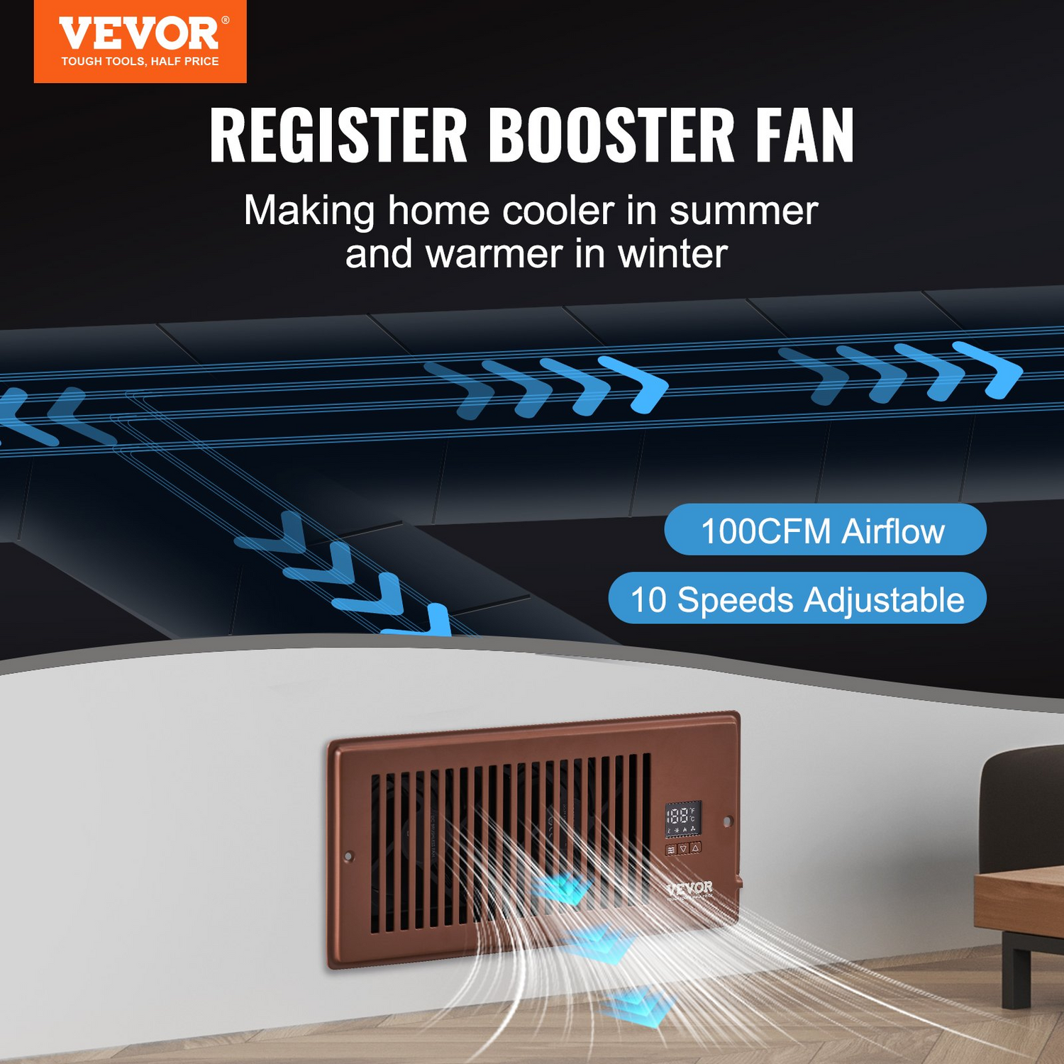Start2Finish VEVOR register booster fan with remote, thermostat, adjustable speed, fits 4x10 inch vents, brown quiet heating and cooling vent