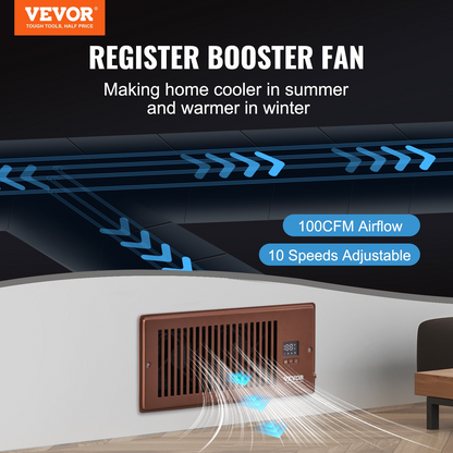 Start2Finish VEVOR register booster fan with remote, thermostat, adjustable speed, fits 4x10 inch vents, brown quiet heating and cooling vent