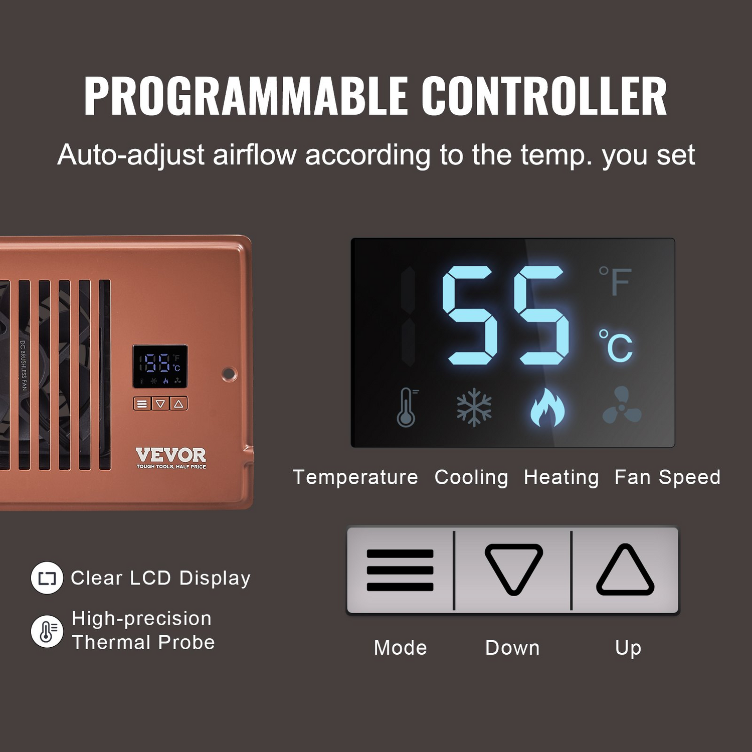 Start2Finish VEVOR register booster fan with remote, thermostat, adjustable speed, fits 4x10 inch vents, brown, for heating and cooling
