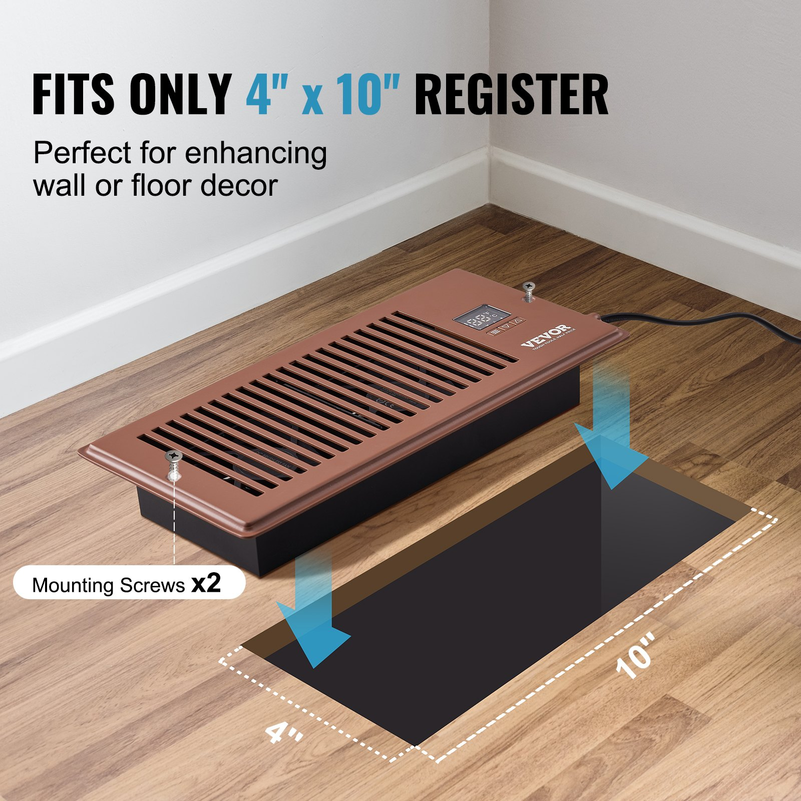 Start2Finish VEVOR Register Booster Fan in brown with remote control, thermostat, and adjustable speed for heating and cooling.
