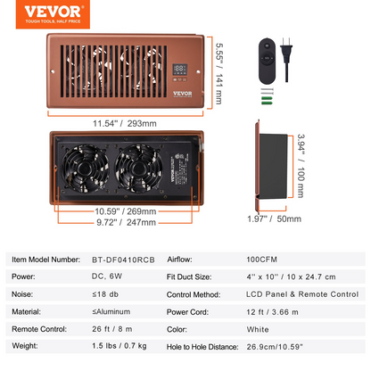 Start2Finish VEVOR register booster fan with remote, thermostat, adjustable speed, fits 4x10 inch vents, brown quiet vent fan.