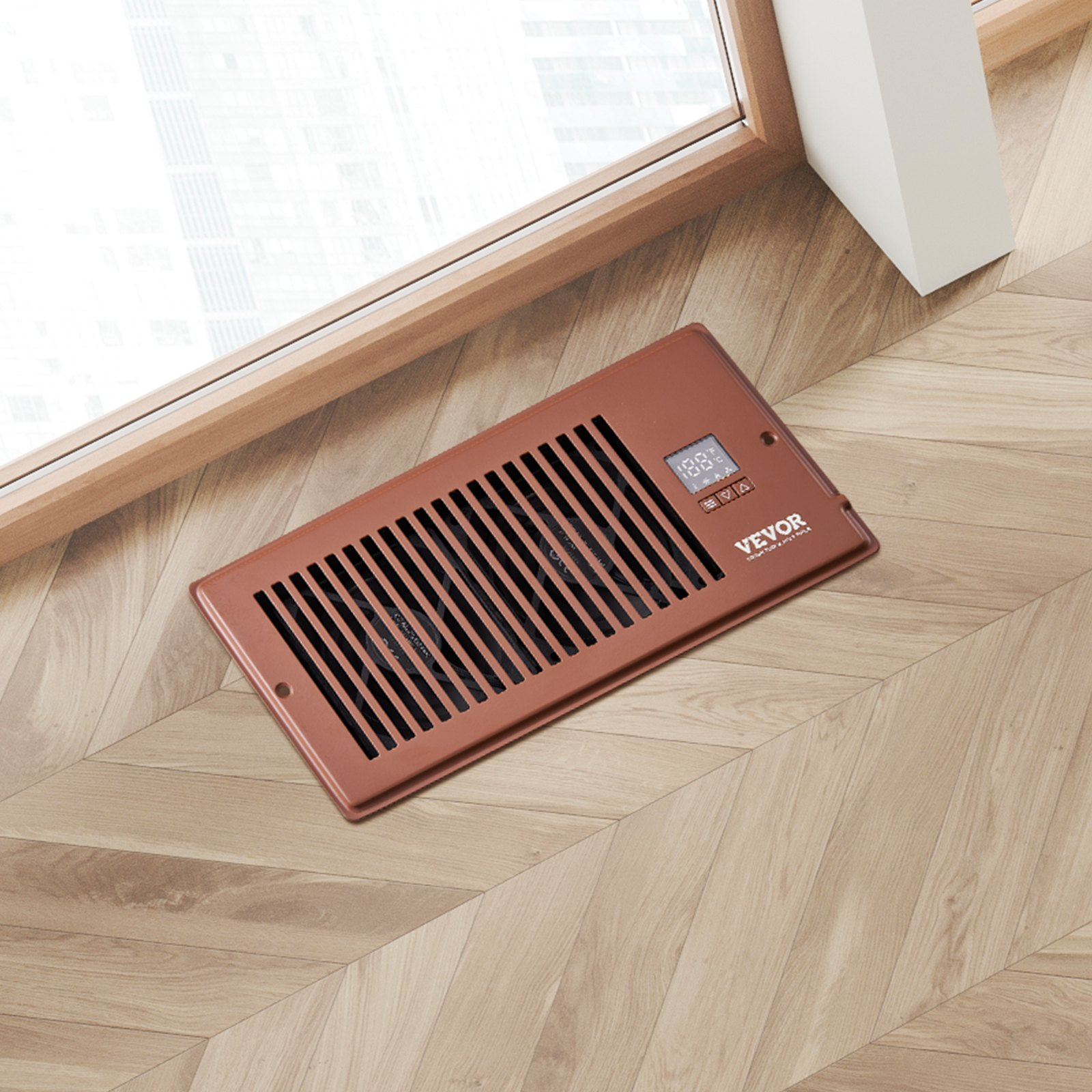 Start2Finish VEVOR Register Booster Fan in brown, with remote and thermostat control, adjustable speed for heating and cooling.